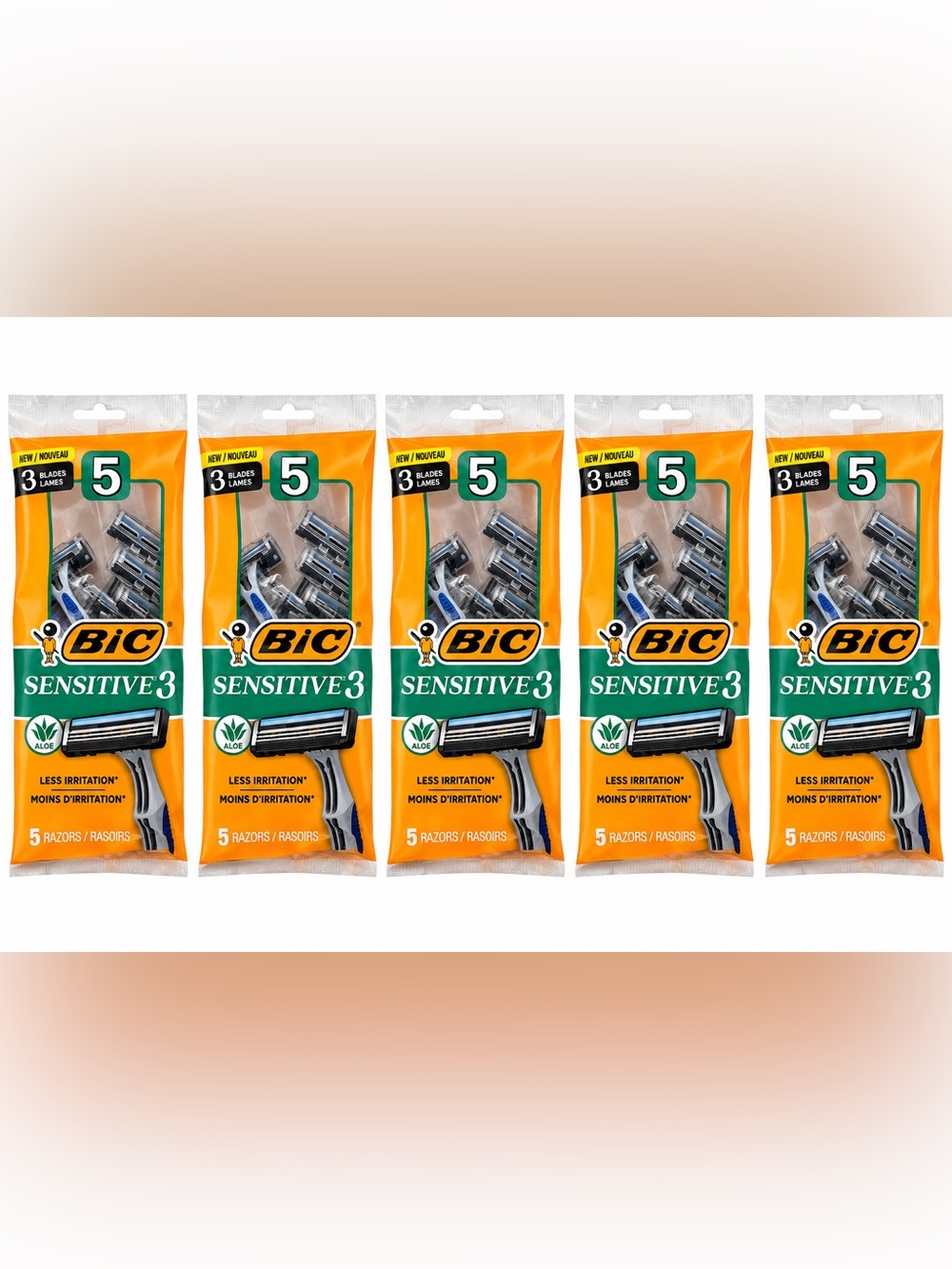 5 PACK BIC Men's Sensitive 3 Three Blade Disposable Razors 5 Ct Ea (25ct Total)